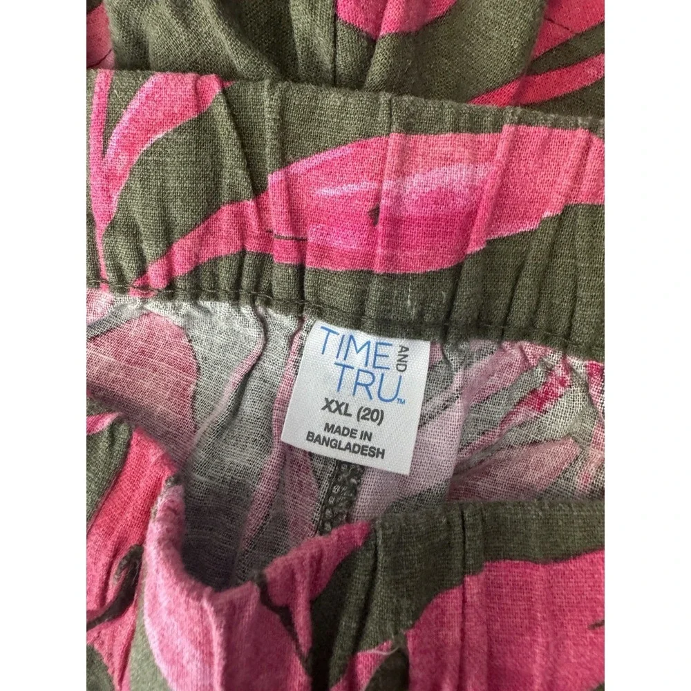 Time and Tru Pink and Green Tropical Print Linen Blend Shorts vacation beachy 2x